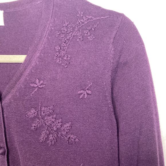 Jennifer Moore Petites S Purple Embroidered Floral Cardigan Button-Up Sweater - Picture 3 of 5